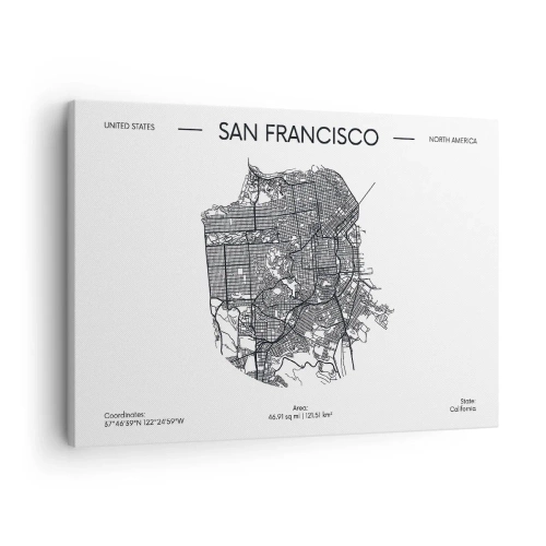 Quadro em tela - Um mapa de São Francisco em estilo minimalista em preto e branco. - 70x50cm - Anatomia de São Francisco - Decoração de parede moderna para a sala de estar e quarto ARTTOR