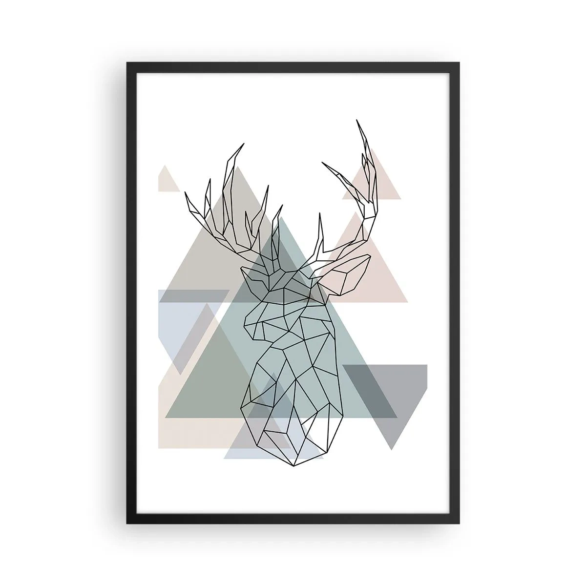 Pôster com moldura preta - Silhueta geométrica de um veado contra um fundo de triângulos - 50x70cm - Numa floresta geométrica - Decoração de parede moderna para a sala de estar e quarto ARTTOR