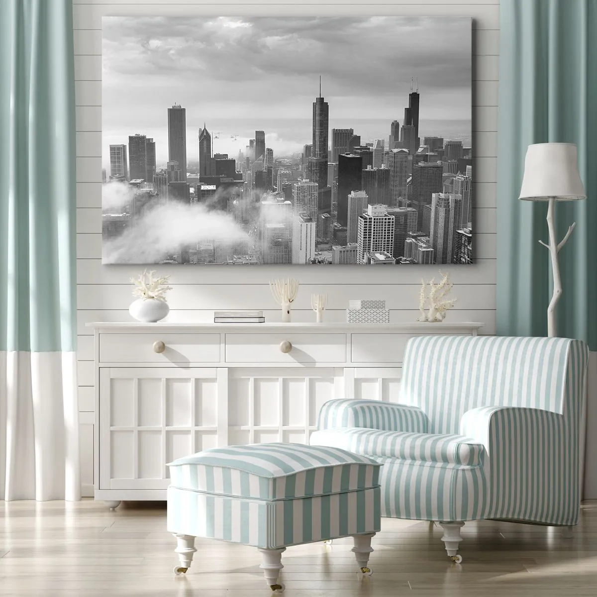 Quadro em tela - Panorama da cidade com arranha-céus nas nuvens em preto e branco - 70x50cm - Paisagem americana - Decoração de parede moderna para a sala de estar e quarto ARTTOR