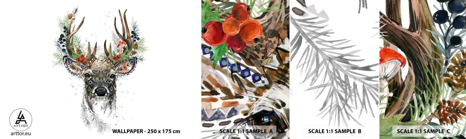 Amostra de papel de parede autocolante Deluxe Sticker - Num manto festivo - Abstração, Cervo, Rena - 100x30 cm