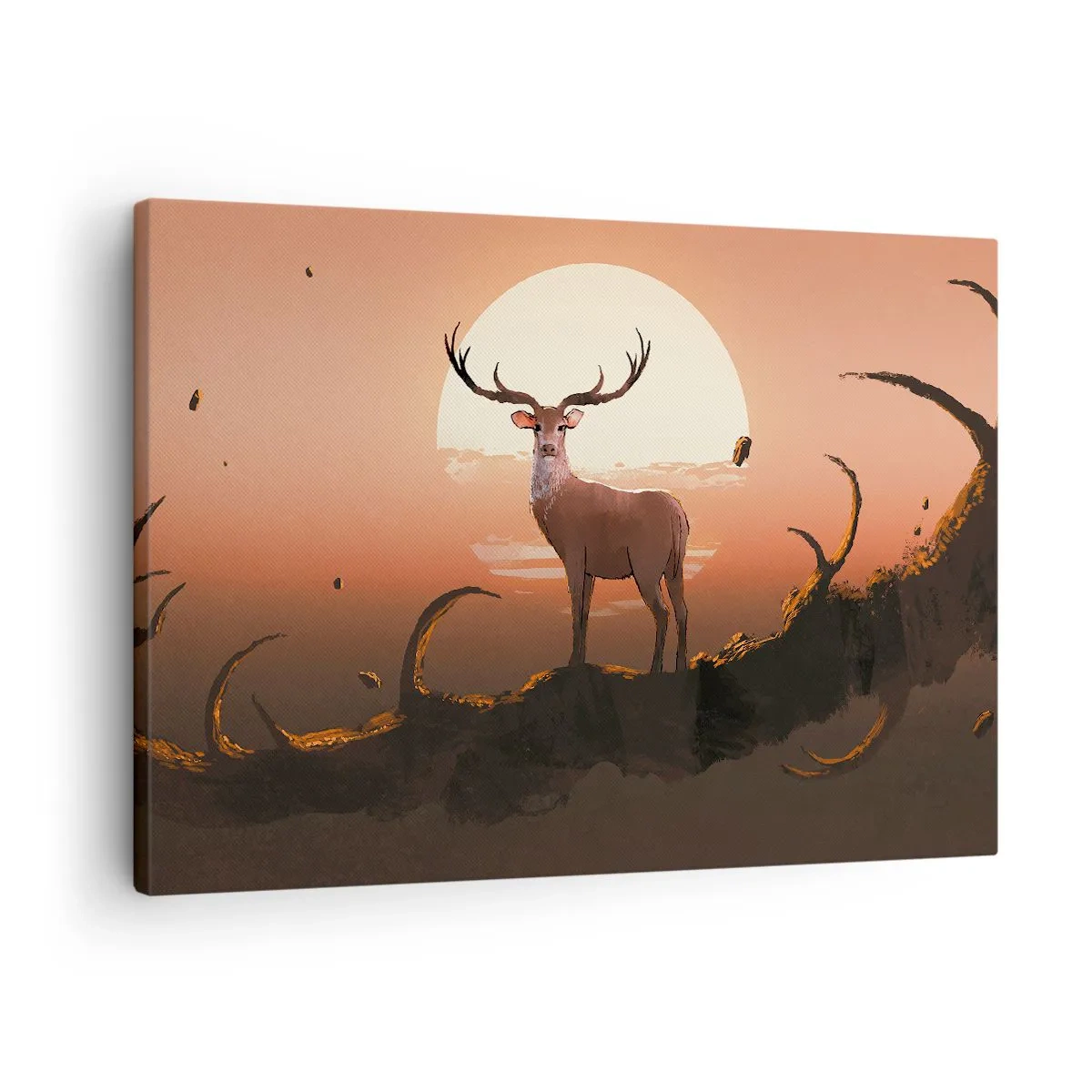 Quadro em tela - Um cervo tendo como pano de fundo o pôr do sol e uma paisagem surreal - 70x50cm - Esta noite é diferente de qualquer outra - Decoração de parede moderna para a sala de estar e quarto ARTTOR