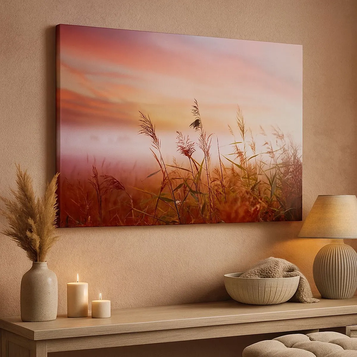 Quadro em tela - Um campo de grama com um pôr do sol pitoresco como pano de fundo - 70x50cm - Papagaios, balões, vento - Decoração de parede moderna para a sala de estar e quarto ARTTOR