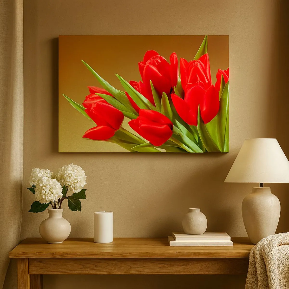 Quadro em tela - Um buquê de tulipas vermelhas sobre um fundo dourado com folhas verdes. - 70x50cm - Um ramo de alegria primaveril - Decoração de parede moderna para a sala de estar e quarto ARTTOR