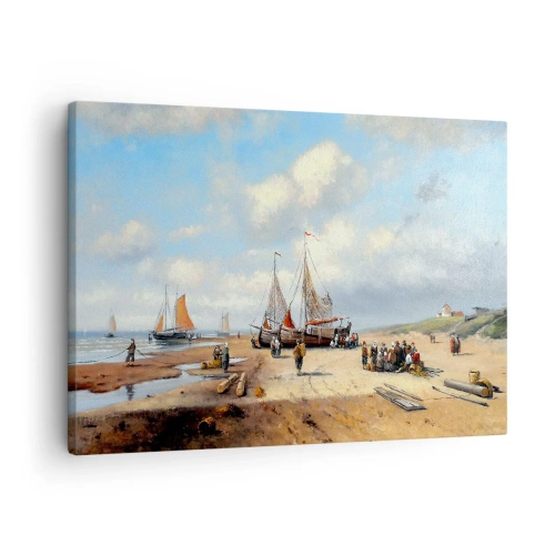Quadro em tela - Barcos de pesca na praia com figuras humanas - 70x50cm - Pós-caça bem-sucedida - Decoração de parede moderna para a sala de estar e quarto ARTTOR