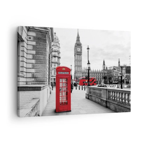 Quadro em tela - Uma cabine telefônica vermelha com o Big Ben ao fundo em Londres - 70x50cm - Sem dúvida, Londres - Decoração de parede moderna para a sala de estar e quarto ARTTOR