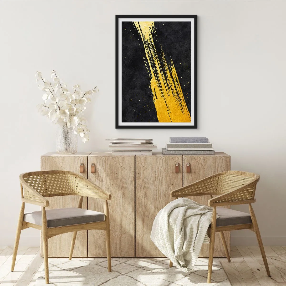 Pôster com moldura preta - Pinceladas douradas sobre fundo preto - 50x70cm - Salto para o hiperespaço - Decoração de parede moderna para a sala de estar e quarto ARTTOR