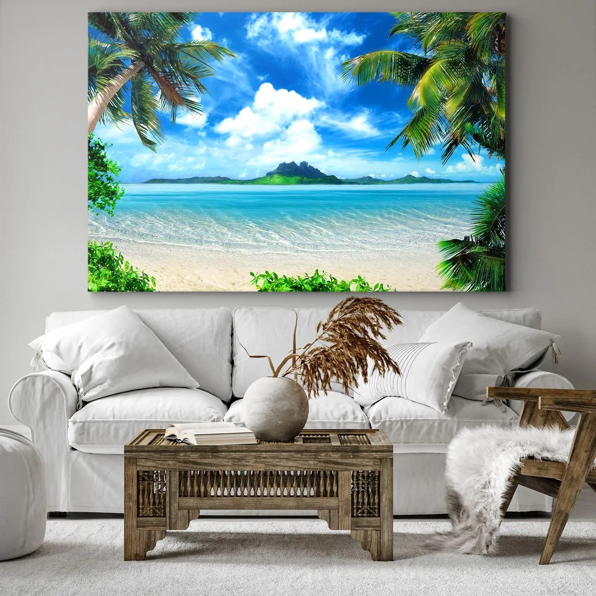 Quadro em tela - Praia tropical com palmeiras e vista para a ilha - 70x50cm - O azul dos trópicos - Decoração de parede moderna para a sala de estar e quarto ARTTOR