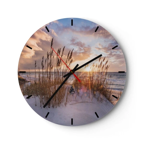 Relógio de parede - Relógio em vidro - Pôr do sol sobre o mar com areia e grama nas dunas - 30x30cm - Adeus ao sol e ao vento - Decoração de parede moderna para a sala de estar, cozinha e quarto ARTTOR