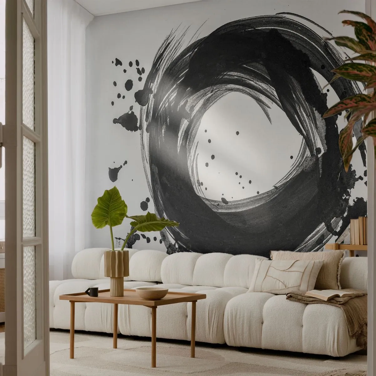 Papel de Parede Standard Eco - Círculo abstrato de pincel preto sobre fundo branco - 100x70cm - O vórtice da criação - Decoração de parede moderna para a sala de estar e quarto ARTTOR