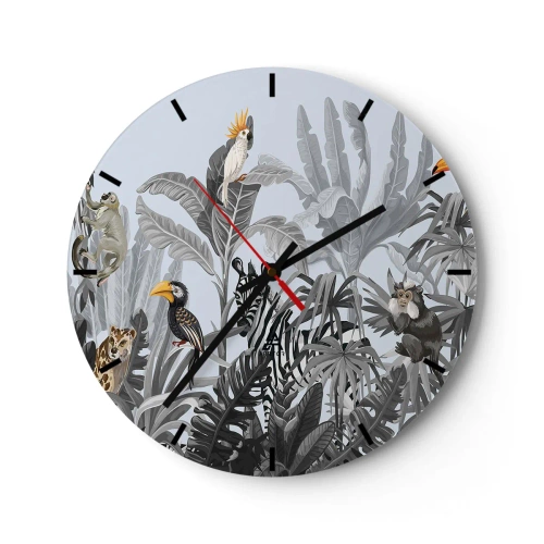 Relógio de parede - Relógio em vidro - Plantas tropicais com animais exóticos em um fundo de selva - 30x30cm - Conto de fadas africano - Decoração de parede moderna para a sala de estar, cozinha e quarto ARTTOR