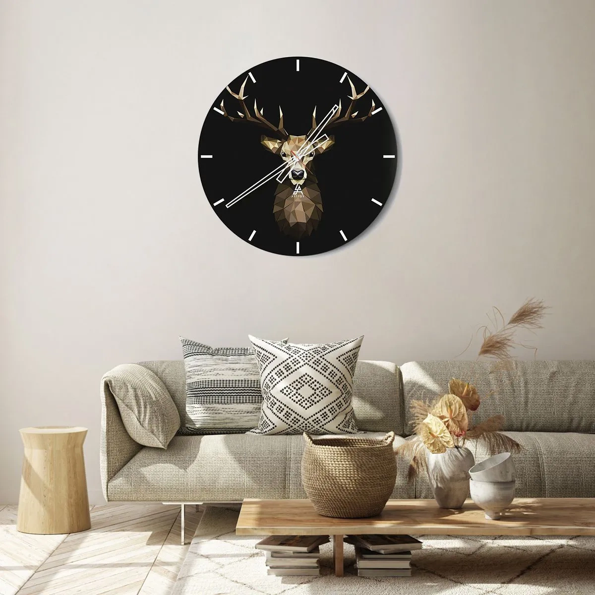 Relógio de parede - Relógio em vidro - Imagem geométrica de um veado em um fundo preto - 30x30cm - Veado cubista - Decoração de parede moderna para a sala de estar, cozinha e quarto ARTTOR