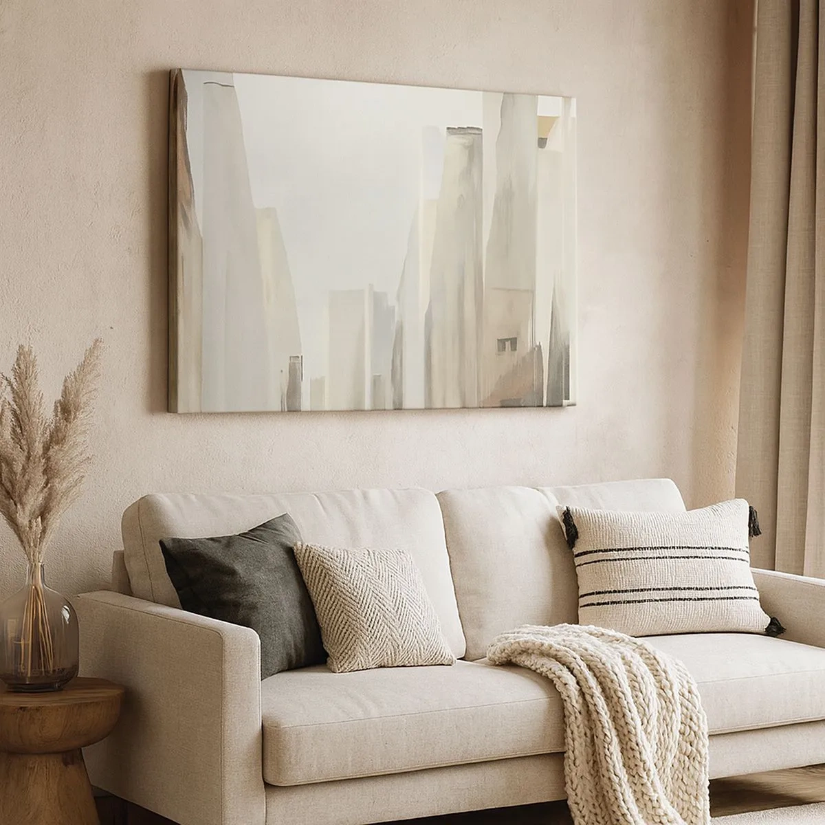 Quadro em tela - Paisagem urbana abstrata em tons pastel - 70x50cm - Sonho com a cidade - Decoração de parede moderna para a sala de estar e quarto ARTTOR