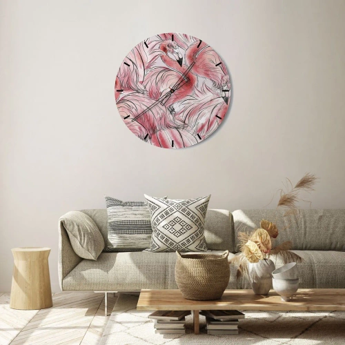 Relógio de parede - Relógio em vidro - Flamingos cor-de-rosa em uma composição artística e dinâmica - 30x30cm - Bird corps de ballet - Decoração de parede moderna para a sala de estar, cozinha e quarto ARTTOR