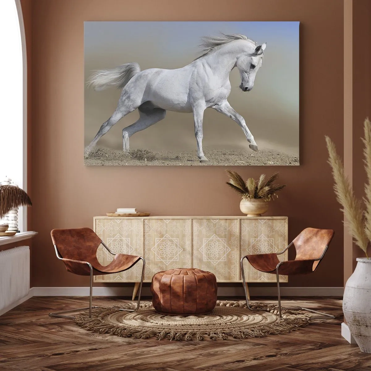 Quadro em tela - Um cavalo branco galopando por uma paisagem desértica - 70x50cm - O mais belo conto de fadas árabe - Decoração de parede moderna para a sala de estar e quarto ARTTOR