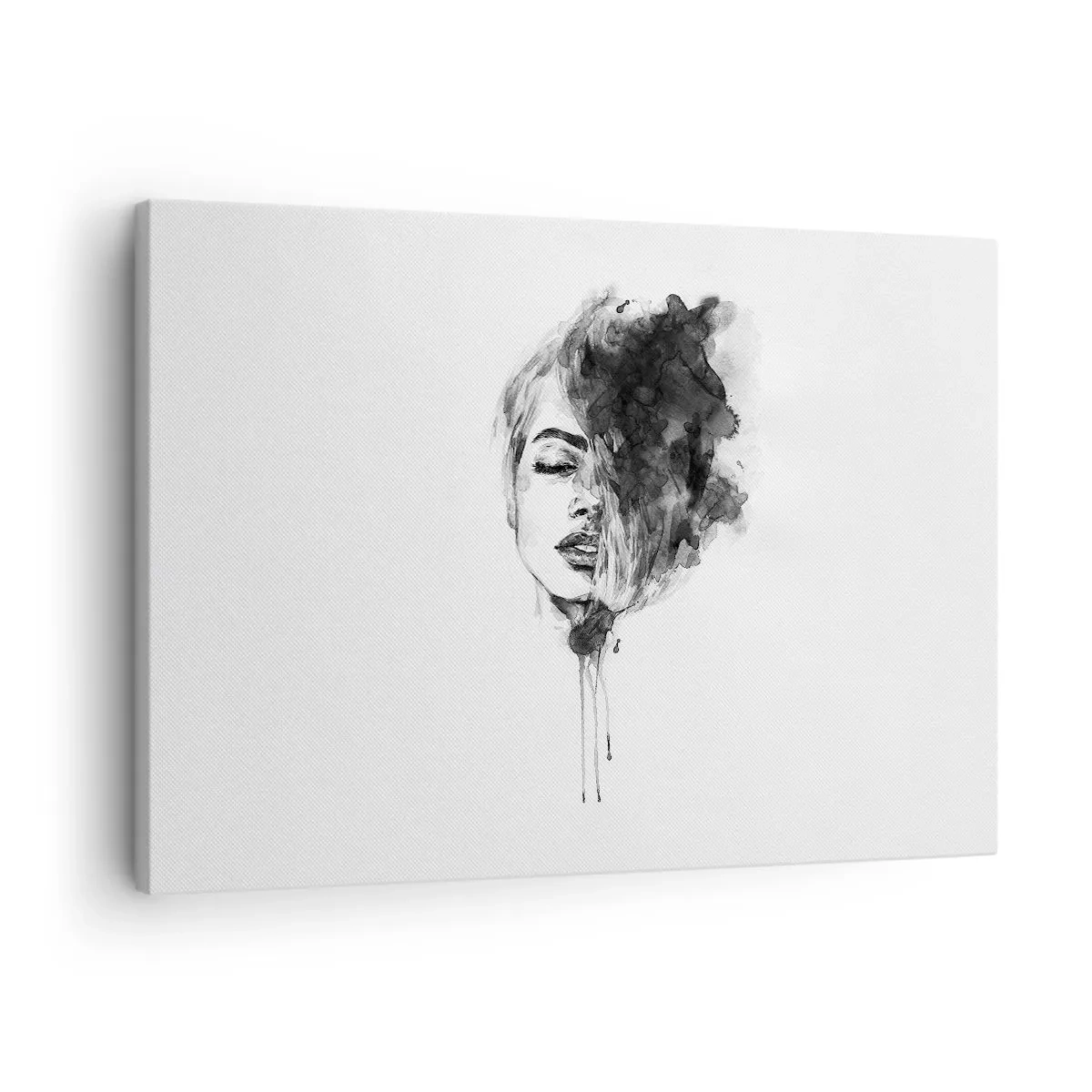 Quadro em tela - Retrato artístico de uma mulher em técnica de aquarela com detalhes abstratos - 70x50cm - O que sonha uma rapariga - Decoração de parede moderna para a sala de estar e quarto ARTTOR