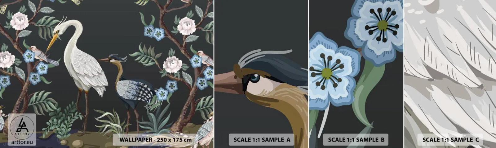 Amostra de Papel de Parede Standard Eco - Desfile de pássaros - Animais, Flores, Pássaro - 100x30 cm