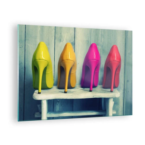Quadro em vidro - Quatro pinos coloridos dispostos em um banco de madeira - 70x50cm - Um passeio no arco-íris - Decoração de parede moderna para a sala de estar e quarto ARTTOR