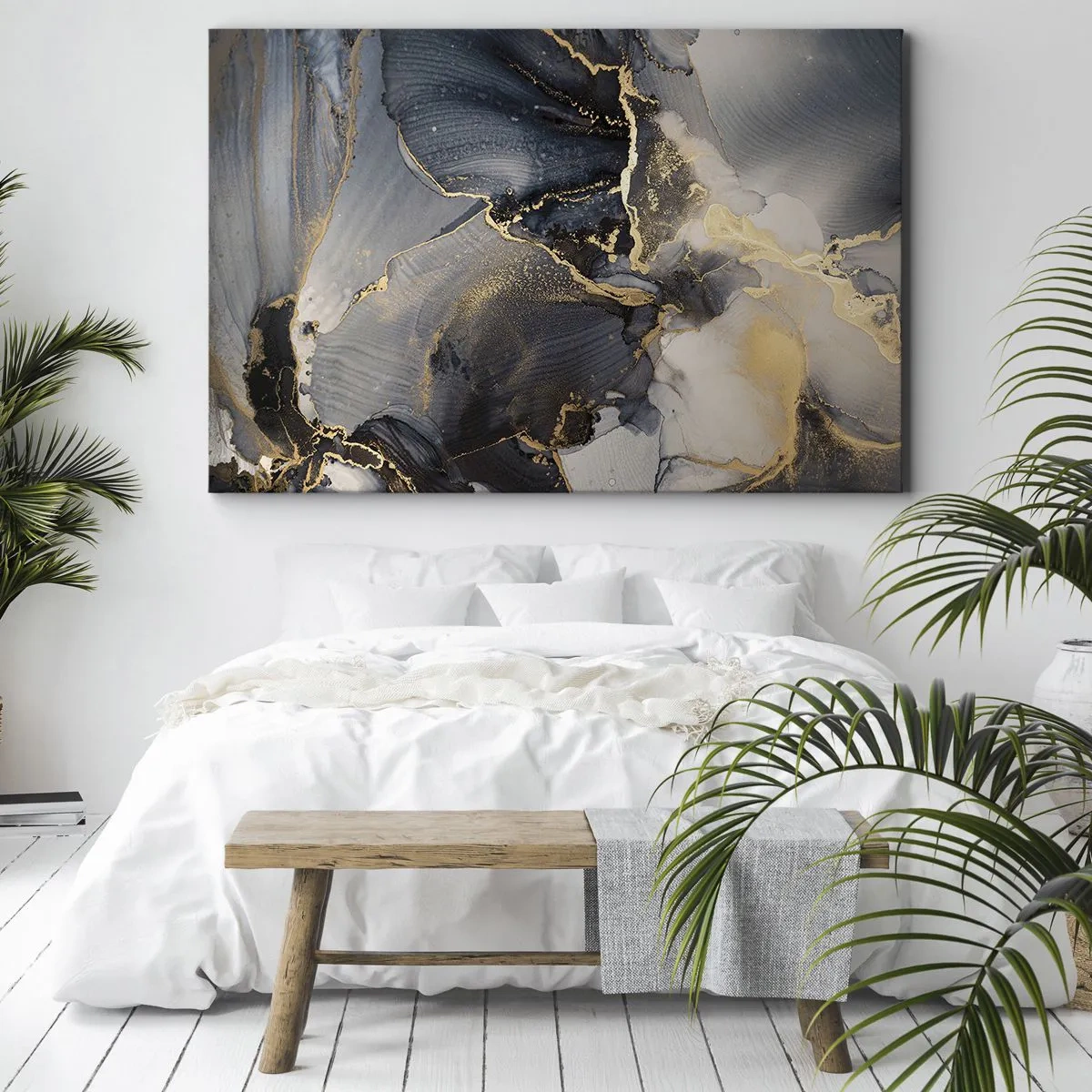 Quadro em tela - Abstrato dourado e cinza sobre tela - 70x50cm - A vida da pedra - Decoração de parede moderna para a sala de estar e quarto ARTTOR
