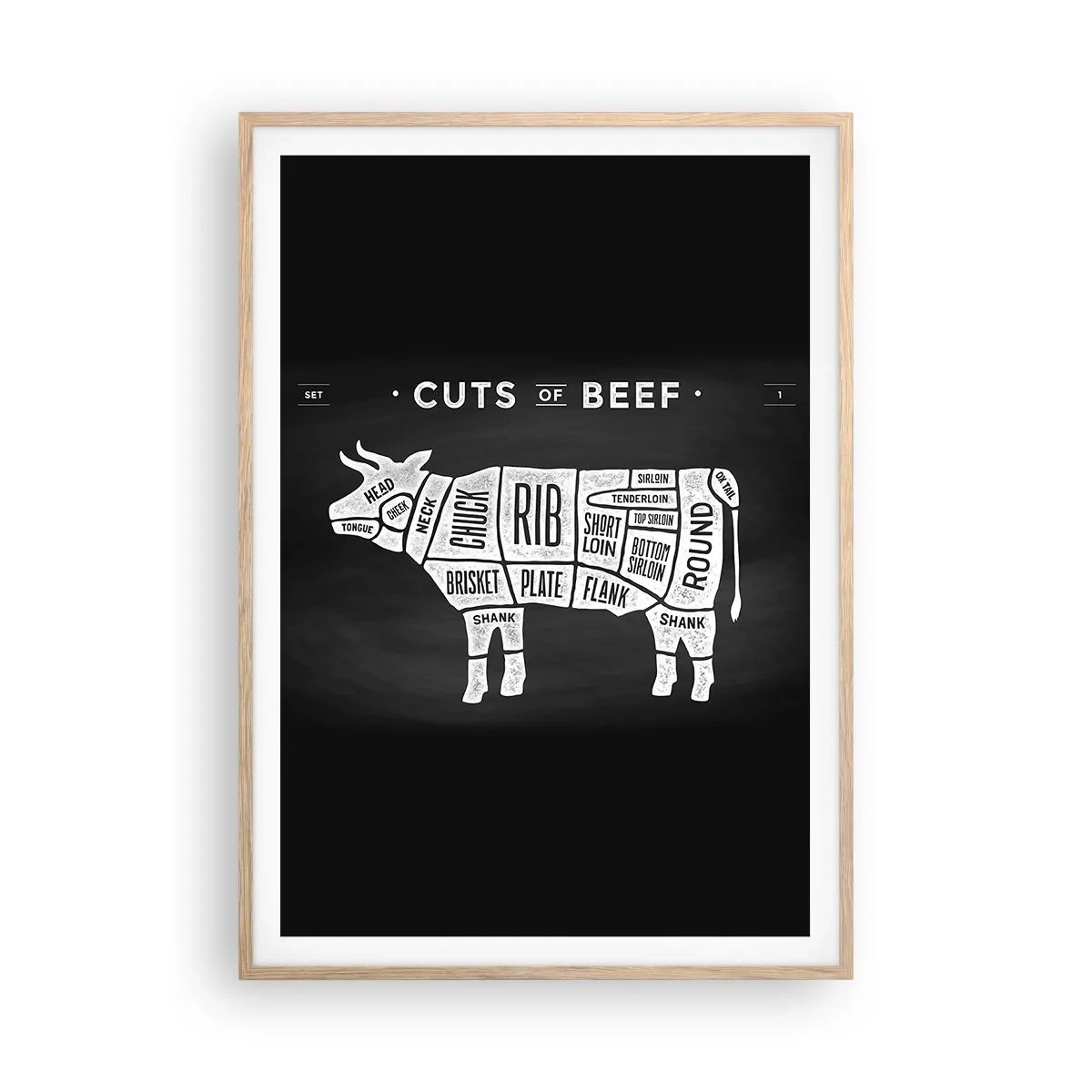 Pôster com moldura de carvalho claro - Cartilha do talhante - 70x100 cm