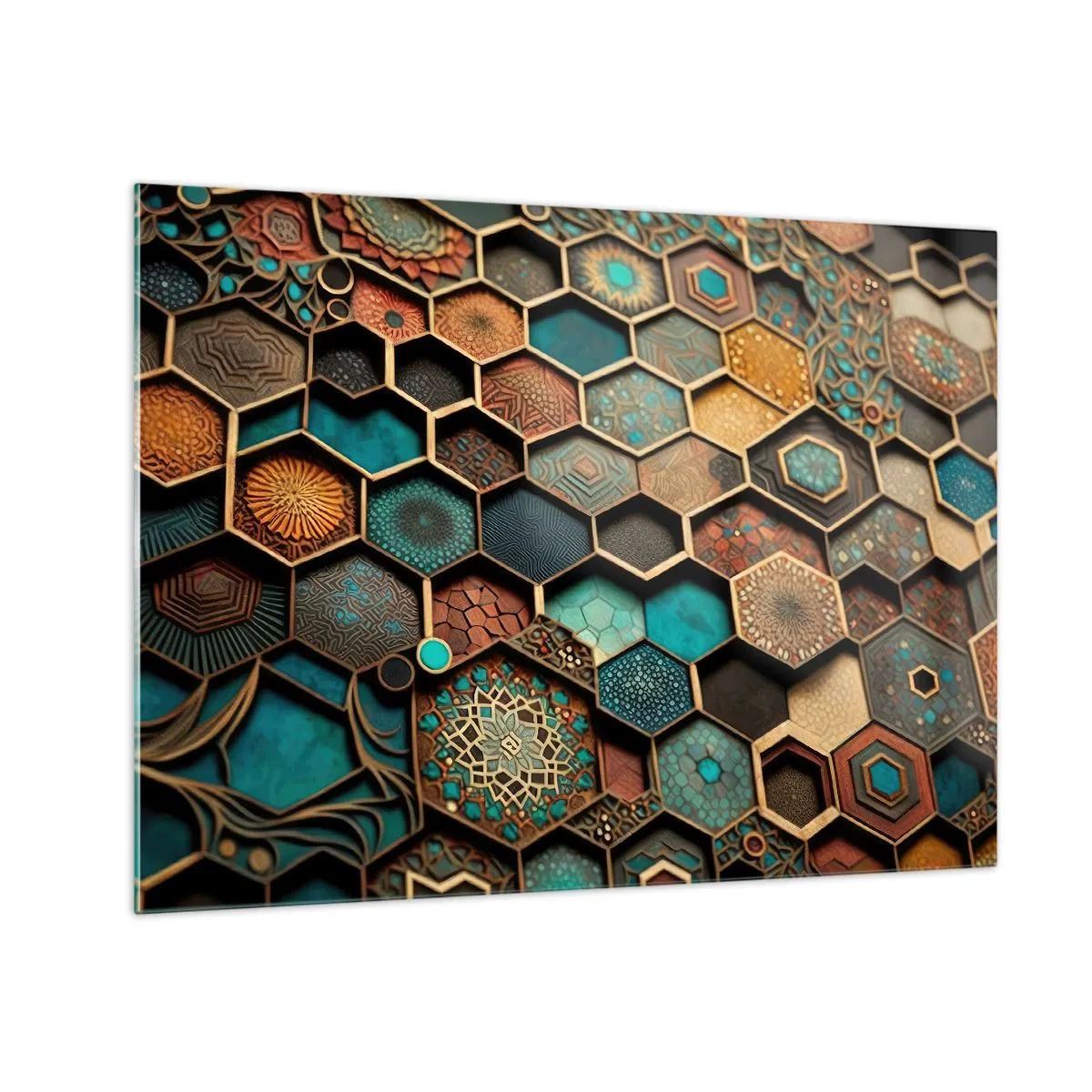 Quadro em vidro - Mosaico com padrões geométricos em estilo oriental - 70x50cm - Ornamentos árabes – variação - Decoração de parede moderna para a sala de estar e quarto ARTTOR