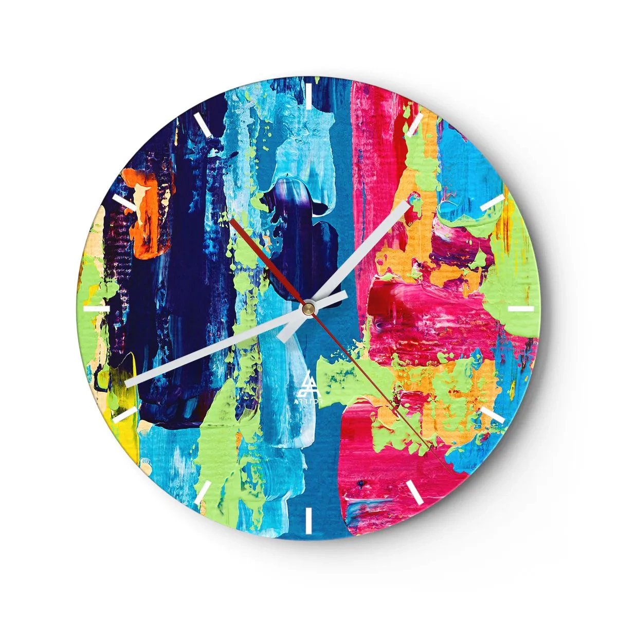 Relógio de parede - Relógio em vidro - Traços de tinta abstrata colorida em um mostrador redondo - 30x30cm - A vida é bela! - Decoração de parede moderna para a sala de estar, cozinha e quarto ARTTOR