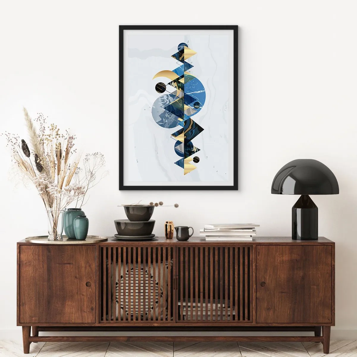Pôster com moldura preta - Abstração geométrica com elementos dourados e azul marinho - 50x70cm - Paisagem geométrica - Decoração de parede moderna para a sala de estar e quarto ARTTOR