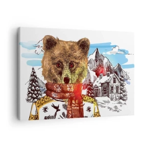 Quadro em tela - Um urso com um suéter e cachecol com uma casa na montanha ao fundo - 70x50cm - Cabana de urso - Decoração de parede moderna para a sala de estar e quarto ARTTOR