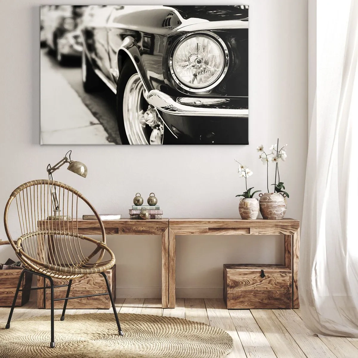 Quadro em tela - Um carro clássico icônico em elegante preto e branco - 70x50cm - Brilho permanente - Decoração de parede moderna para a sala de estar e quarto ARTTOR