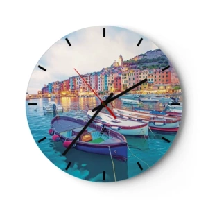 Relógio de parede - Relógio em vidro - Porto costeiro colorido com barcos ao pôr do sol - 30x30cm - Uma noite colorida no porto - Decoração de parede moderna para a sala de estar, cozinha e quarto ARTTOR