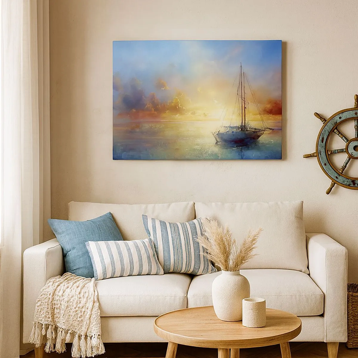 Quadro em tela - Um iate em um mar calmo ao pôr do sol - 70x50cm - Na baía dourada - Decoração de parede moderna para a sala de estar e quarto ARTTOR