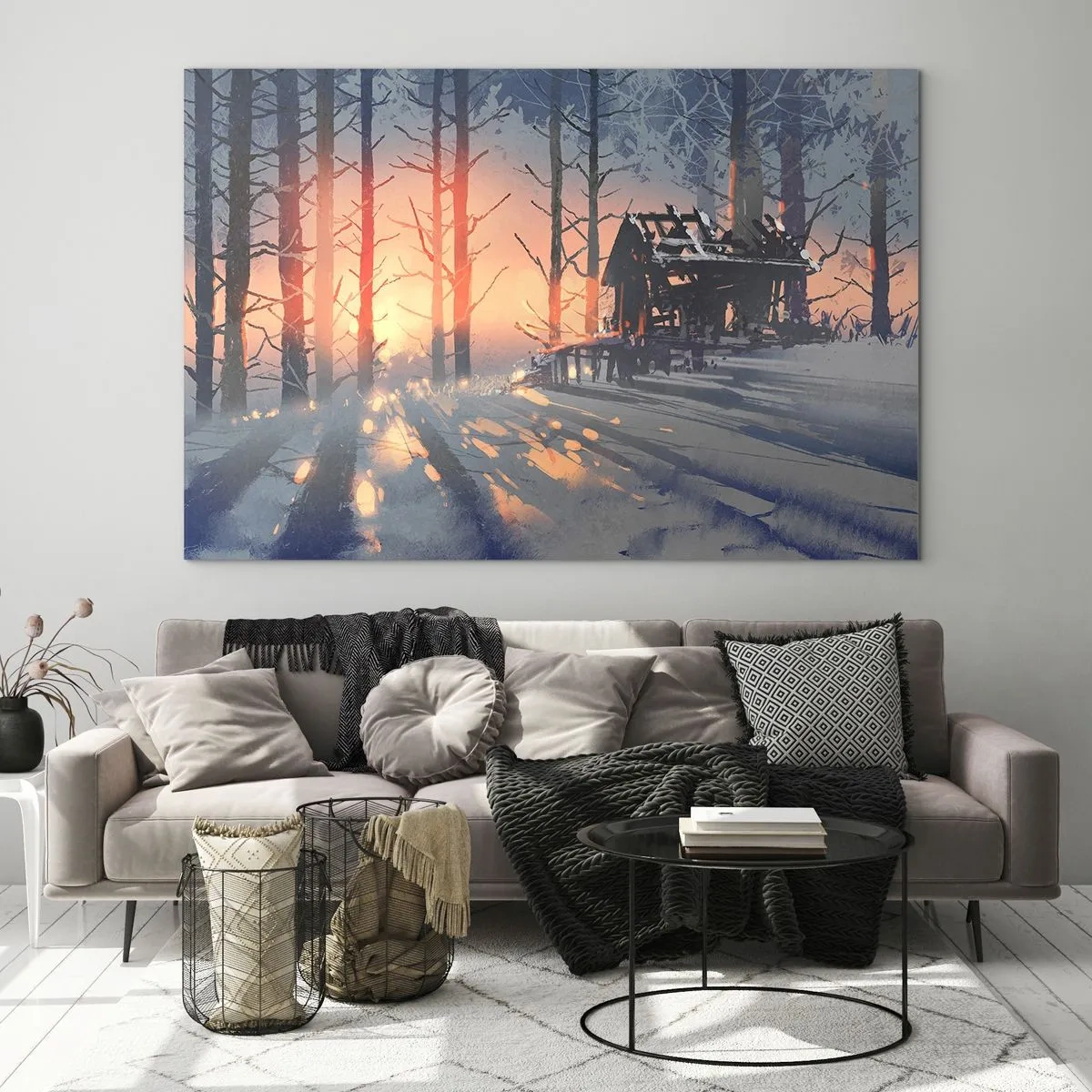 Quadro em vidro - Floresta de inverno ao pôr do sol com uma casa de campo ao fundo - 70x50cm - Somente o sol espreita aqui - Decoração de parede moderna para a sala de estar e quarto ARTTOR