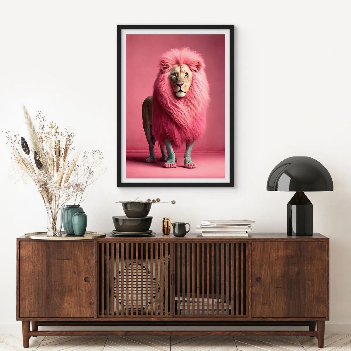 Pôster com moldura preta - Um leão com uma juba rosa em um fundo rosa - 50x70cm - Não tens mais medo - Decoração de parede moderna para a sala de estar e quarto ARTTOR