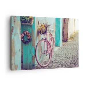 Quadro em tela - Uma bicicleta rosa perto de uma porta turquesa - 70x50cm - Volto logo - Decoração de parede moderna para a sala de estar e quarto ARTTOR