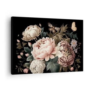 Quadro em tela - Um buquê de flores rosas e borboletas em um fundo preto - 70x50cm - Em estilo barroco - Decoração de parede moderna para a sala de estar e quarto ARTTOR