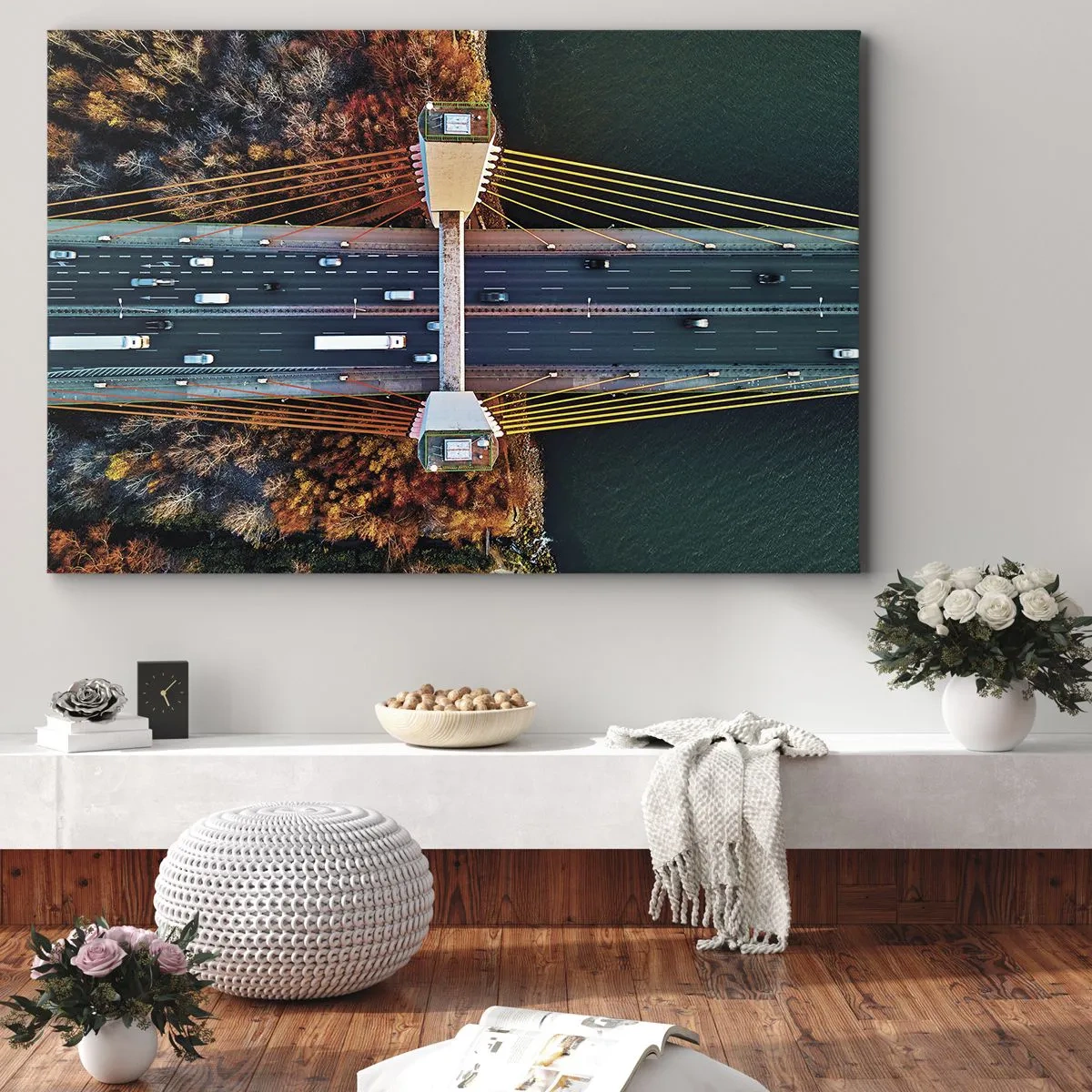 Quadro em tela - Vista aérea da ponte sobre o rio e a paisagem de outono - 70x50cm - Além das águas, além das florestas - Decoração de parede moderna para a sala de estar e quarto ARTTOR