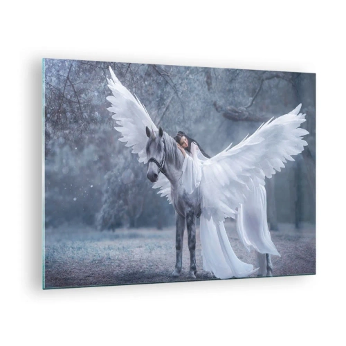 Quadro em vidro - Pégaso com asas brancas e uma mulher de vestido em uma floresta mística - 70x50cm - Momento inspirado - Decoração de parede moderna para a sala de estar e quarto ARTTOR