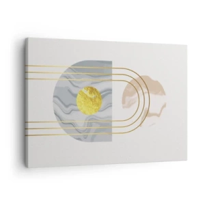 Quadro em tela - Composição abstrata com círculos e linhas douradas sobre fundo claro. - 70x50cm - Brilho e claridade - Decoração de parede moderna para a sala de estar e quarto ARTTOR