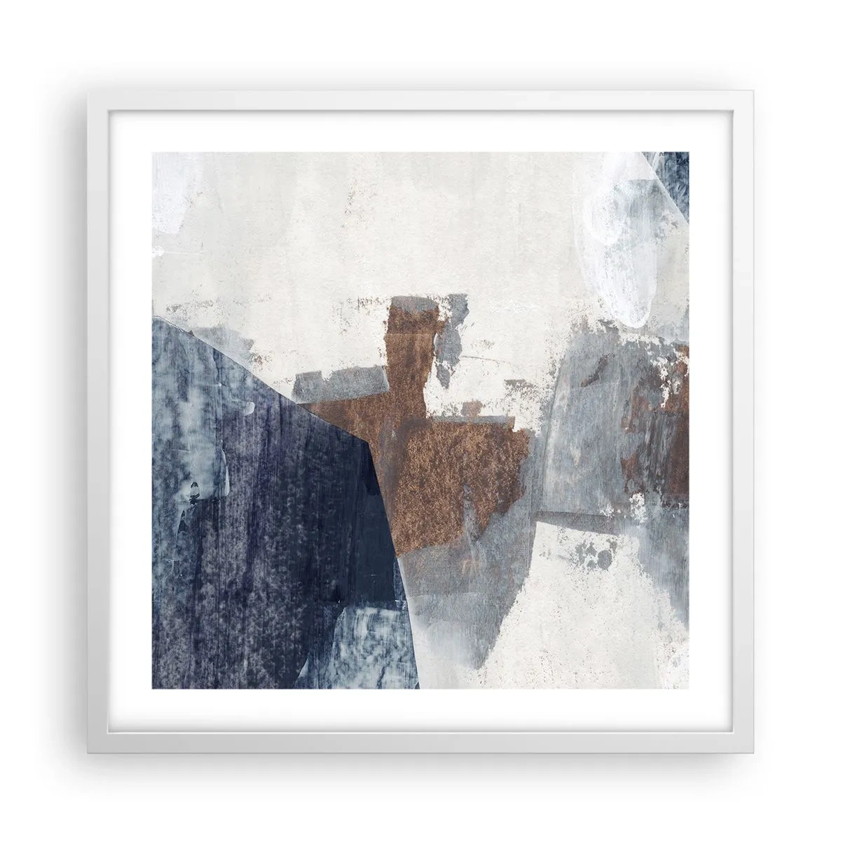 Pôster em moldura branca - Formas azuis e marrons - 50x50 cm