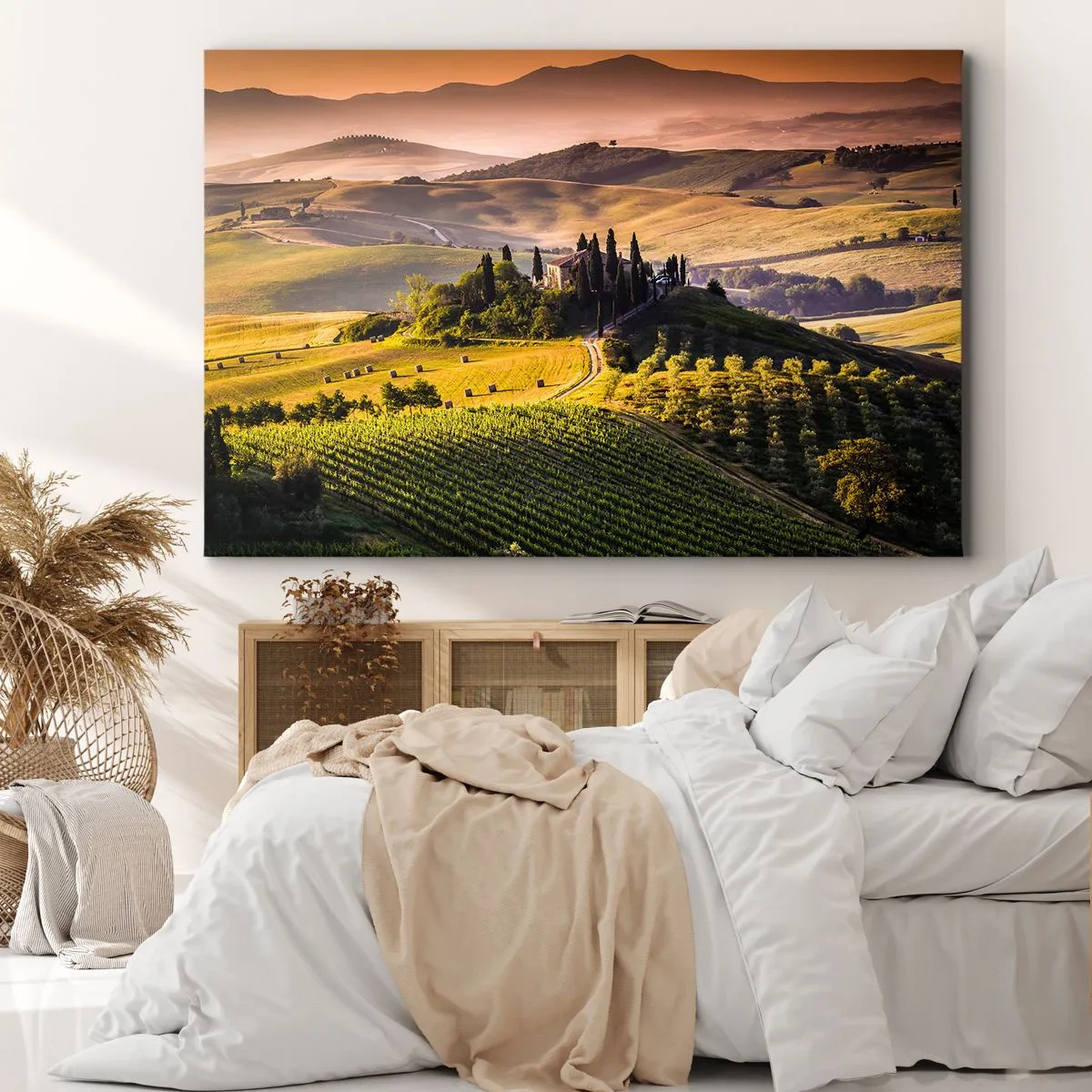Quadro em tela - Paisagem toscana com vinhedos e uma casa em uma colina - 70x50cm - Arcádia - Paisagem toscana - Decoração de parede moderna para a sala de estar e quarto ARTTOR