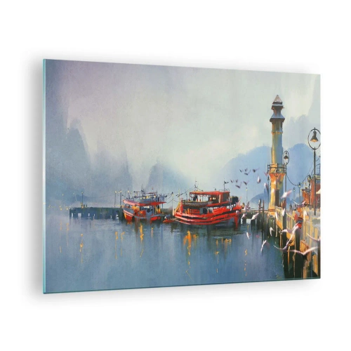 Quadro em vidro - Um porto com barcos vermelhos, um farol e pássaros tendo como pano de fundo as montanhas - 70x50cm - No fim do mundo - Decoração de parede moderna para a sala de estar e quarto ARTTOR