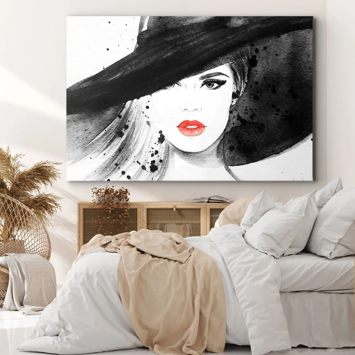 Quadro em tela - Retrato de uma mulher de chapéu com lábios vermelhos - 70x50cm - Dama de Preto - Decoração de parede moderna para a sala de estar e quarto ARTTOR
