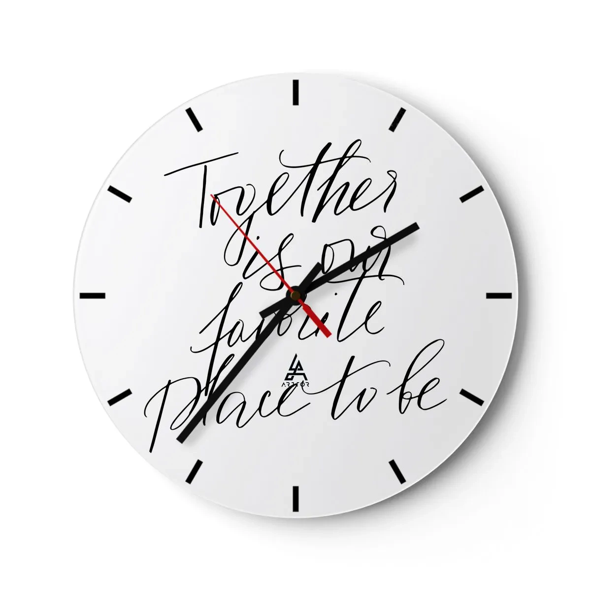 Relógio de parede - Relógio em vidro - A citação 'Juntos é o nosso lugar favorito para estar' contra um fundo de relógio branco - 30x30cm - Também sente isso? - Decoração de parede moderna para a sala de estar, cozinha e quarto ARTTOR