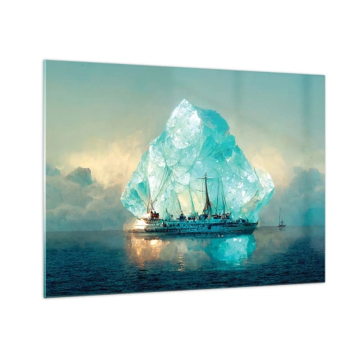 Quadro em vidro - Um veleiro em frente a uma enorme geleira sob a luz do Ártico. - 70x50cm - Diamante Ártico - Decoração de parede moderna para a sala de estar e quarto ARTTOR