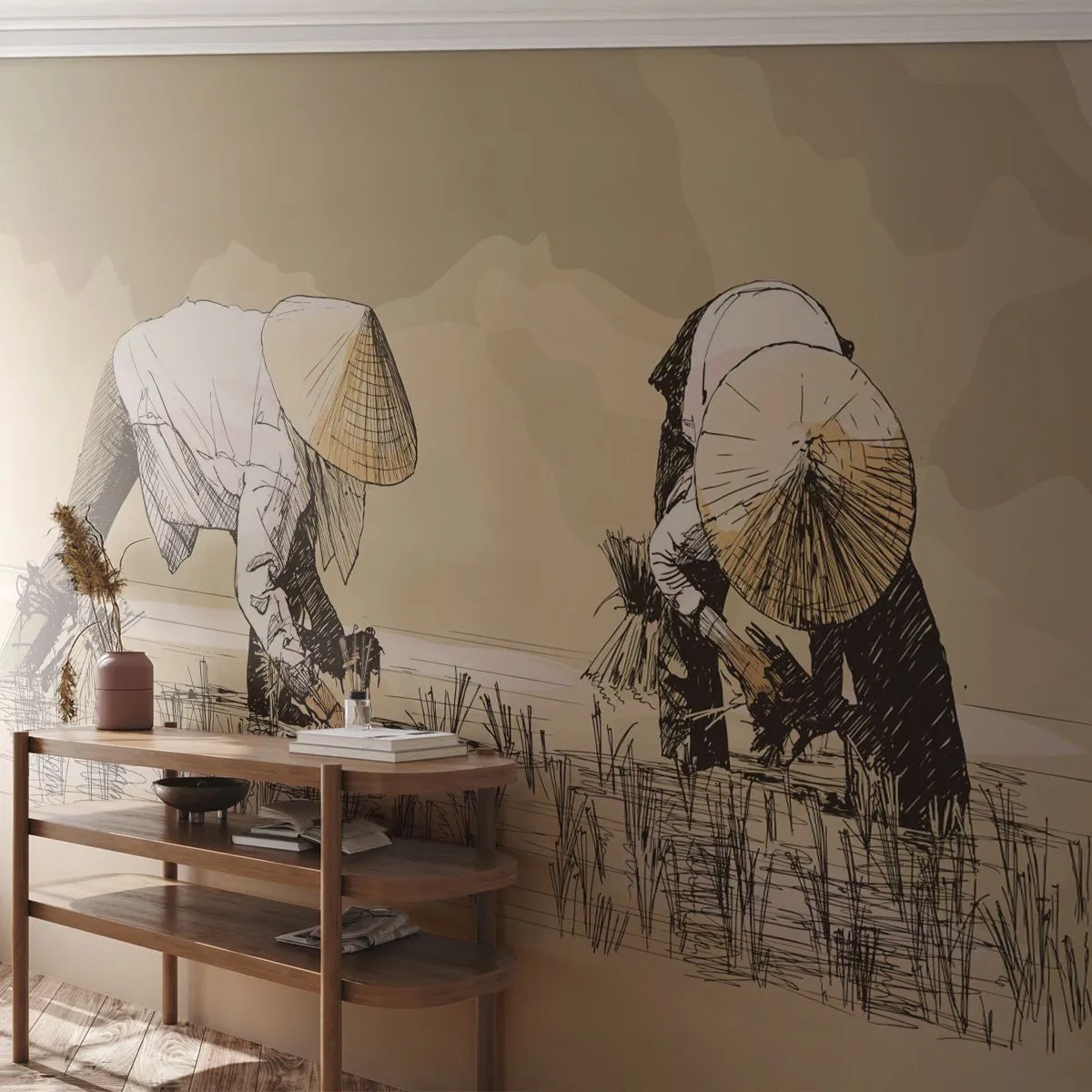 Papel de Parede Premium Sand - Boa colheita  - Ásia, Plantação de Arroz, Arrozal - 100x70 cm