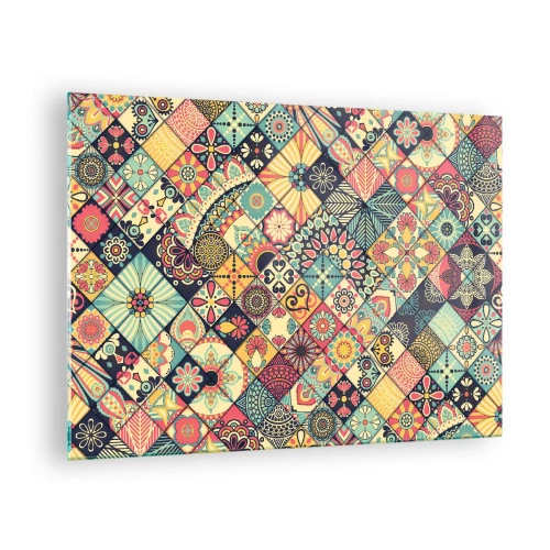 Quadro em vidro - Um padrão colorido inspirado em azulejos marroquinos com motivos geométricos - 70x50cm - Vibrações marroquinas - Decoração de parede moderna para a sala de estar e quarto ARTTOR
