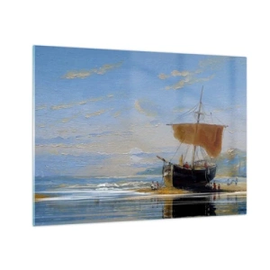 Quadro em vidro - Um navio com uma vela na costa em estilo pictórico - 70x50cm - Água, terra, ar - Decoração de parede moderna para a sala de estar e quarto ARTTOR
