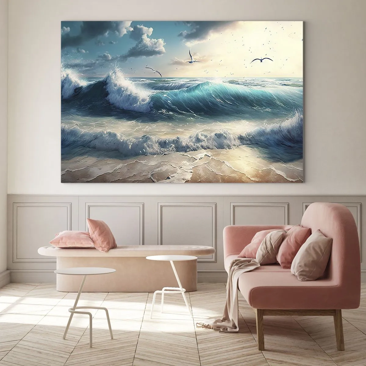 Quadro em vidro - Ondas quebrando na praia na luz da manhã - 70x50cm - Cantarola apenas para si - Decoração de parede moderna para a sala de estar e quarto ARTTOR