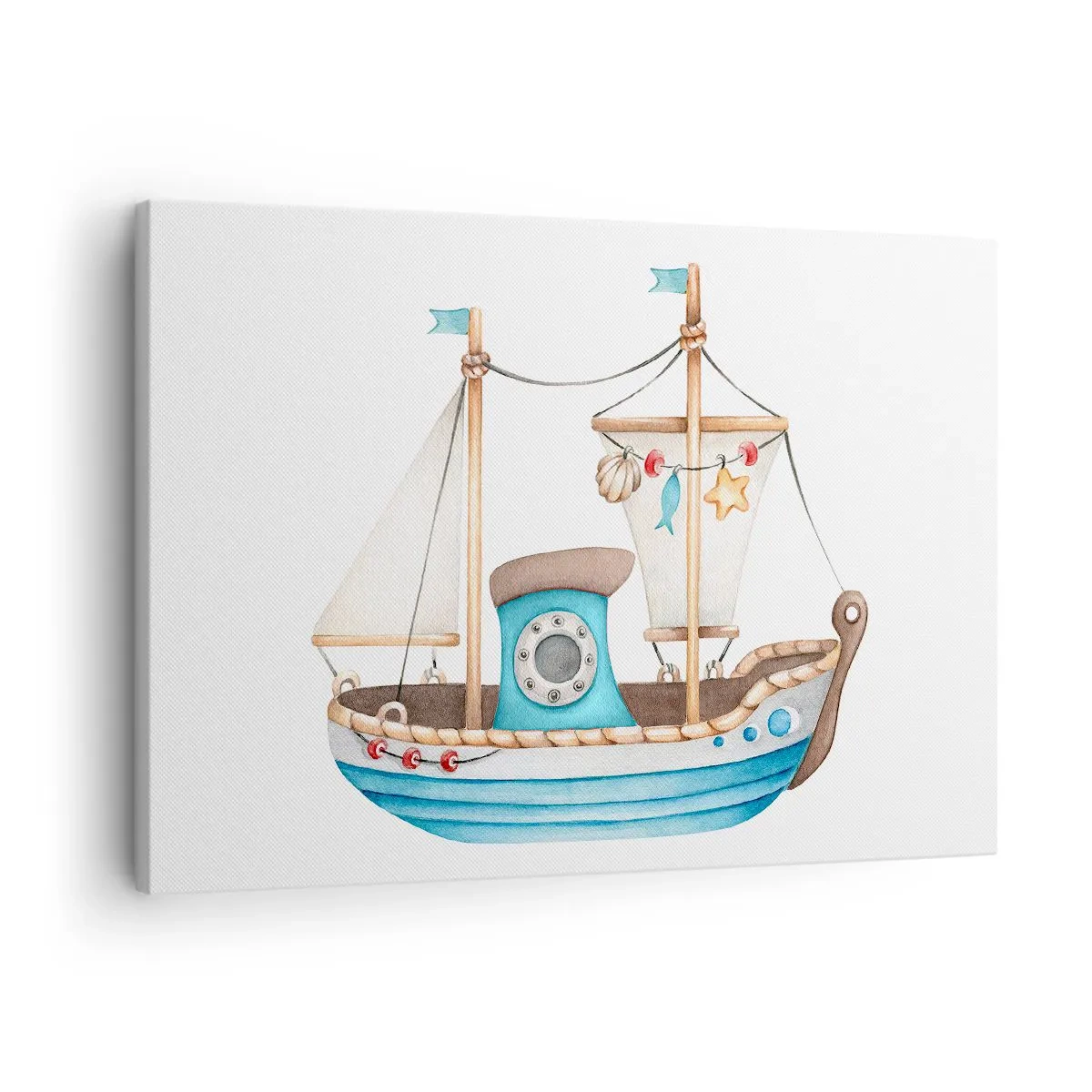 Quadro em tela - Ilustração de um navio em cores pastel sobre fundo branco - 70x50cm - Vamos a isso! - Decoração de parede moderna para a sala de estar e quarto ARTTOR