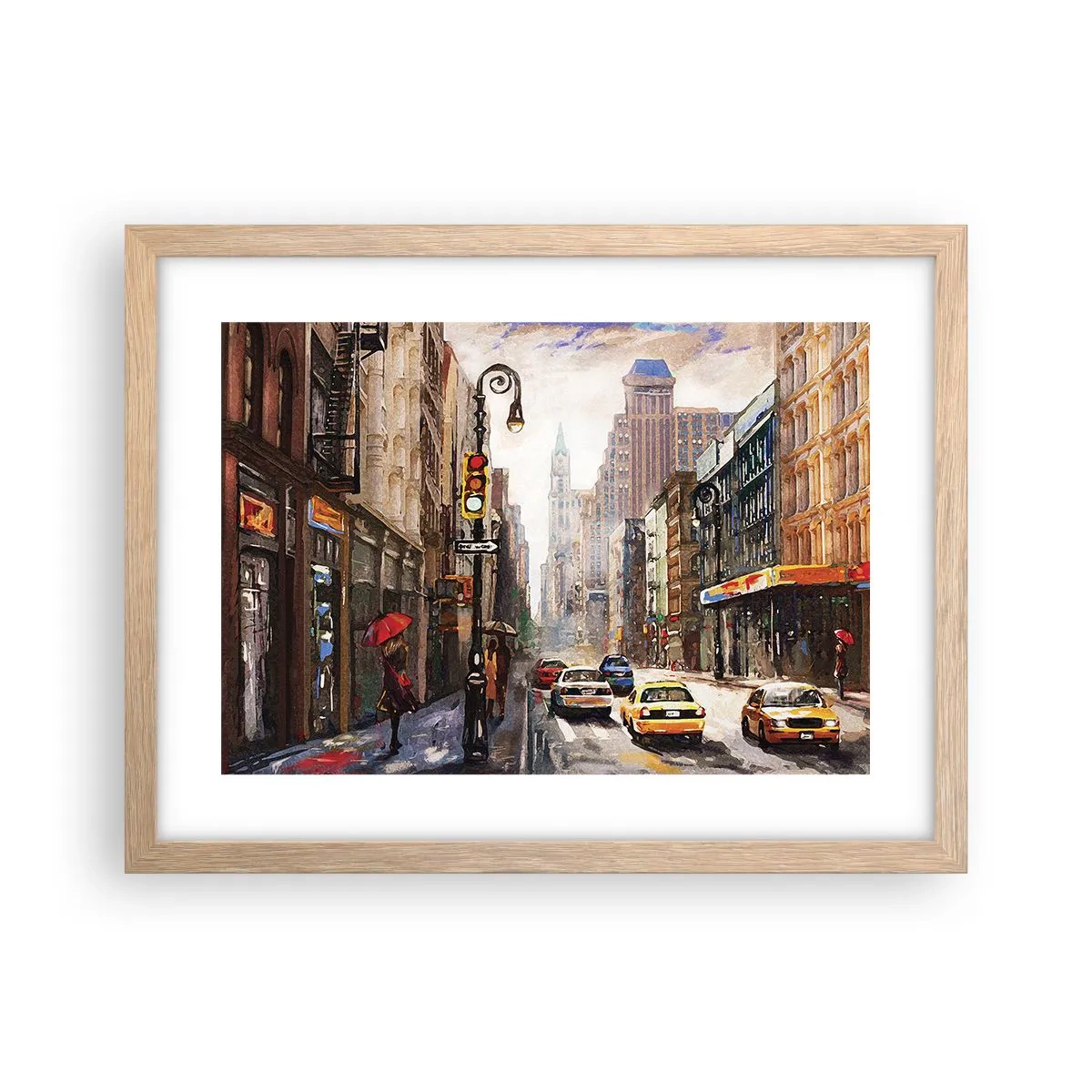 Pôster com moldura de carvalho claro - Nova York – colorida também na chuva - 40x30 cm