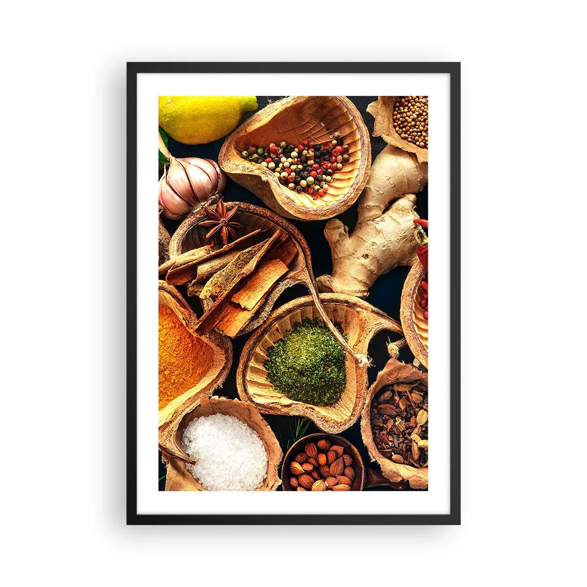 Pôster com moldura preta - Close-up de especiarias em recipientes naturais - 50x70cm - Leve o que quiser - Decoração de parede moderna para a sala de estar e quarto ARTTOR